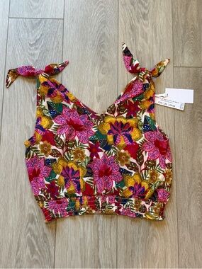 Women’s Rose + Olive Floral Tie-Strap Crop Top, Size Small